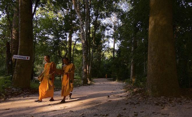 Theravada Buddhist Monks walking at a forest temple called Wat Suan Mokkh in Chaiya, Thailand.